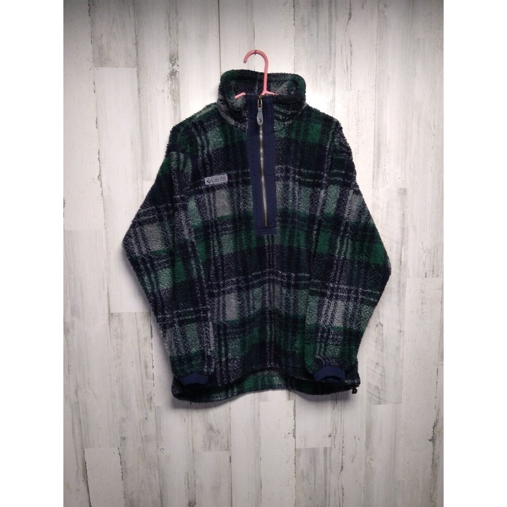 Vintage Columbia Men's Medium Thick 1/4 Zip Fleece Green Plaid Pullover